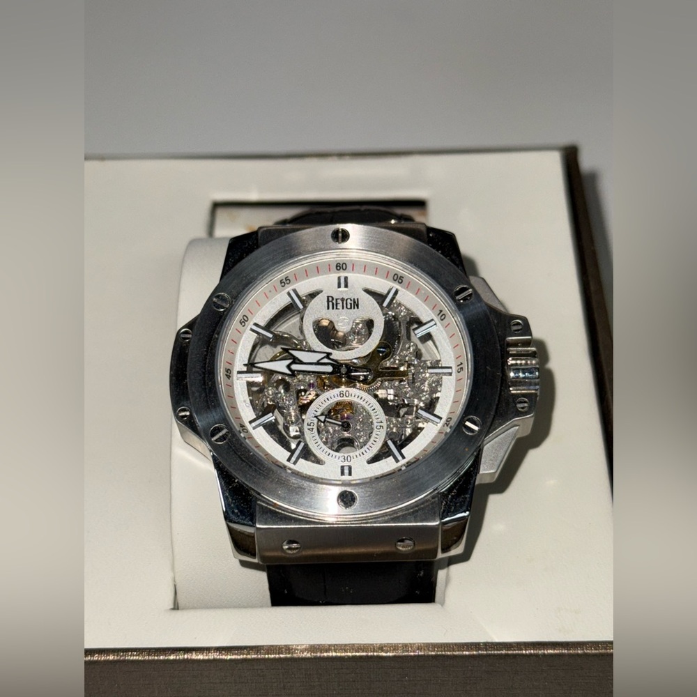 NWOT-REIGN Commodus - Men’s Automatic Stainless Skeleton Watch w/White Rim Face🩶